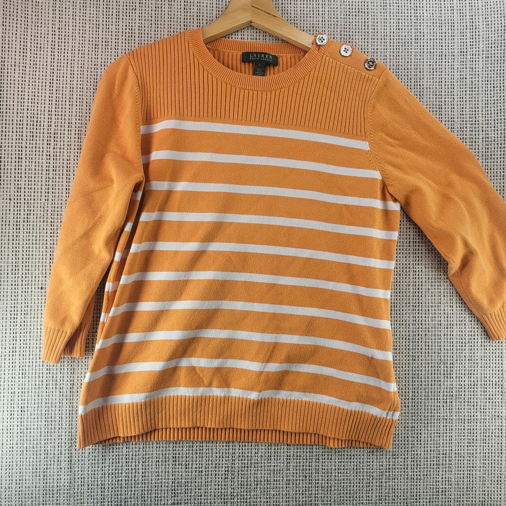 Lauren Ralph Lauren Sweater Womens‎ Large Orange White Striped Button Shoulder